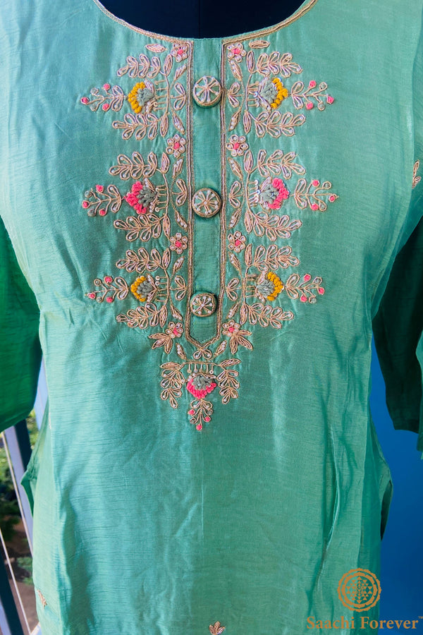 Sea Green Dola Silk Hand Zardosi Suit Set - 3 Piece