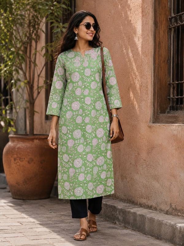 Lime Green Sanganeri Straight Cut Kurta