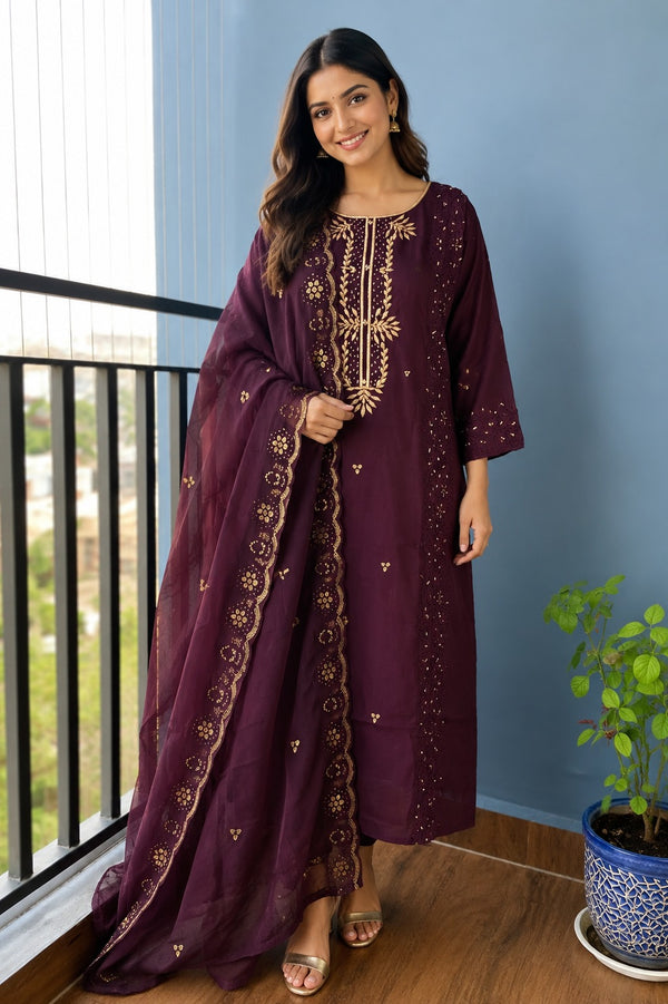 Wine Dola Silk Hand Zardosi & Thread Work Suit Set - 3 Piece