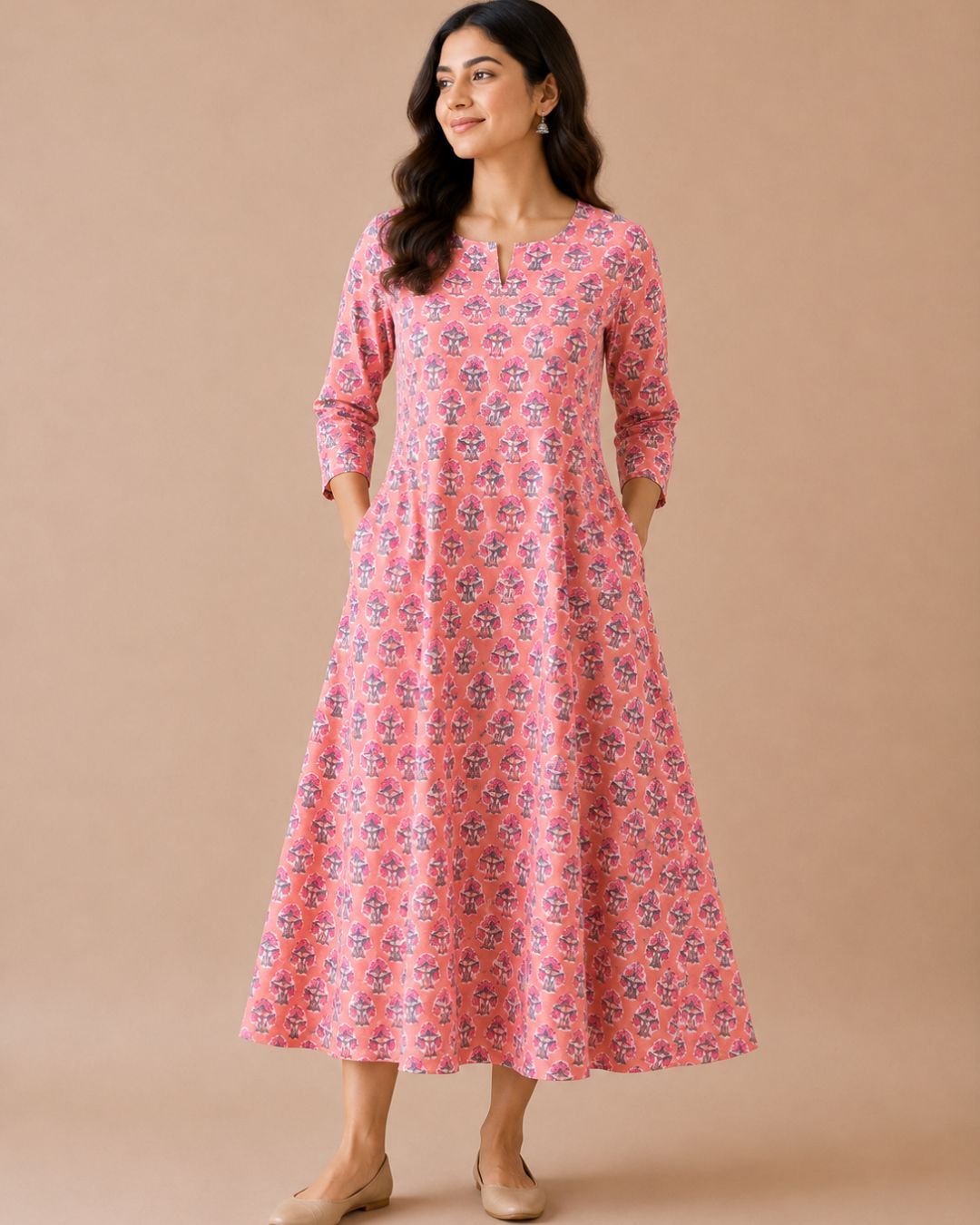 Pink Bagru Block Printed Cotton A-Line Kurta With Lining