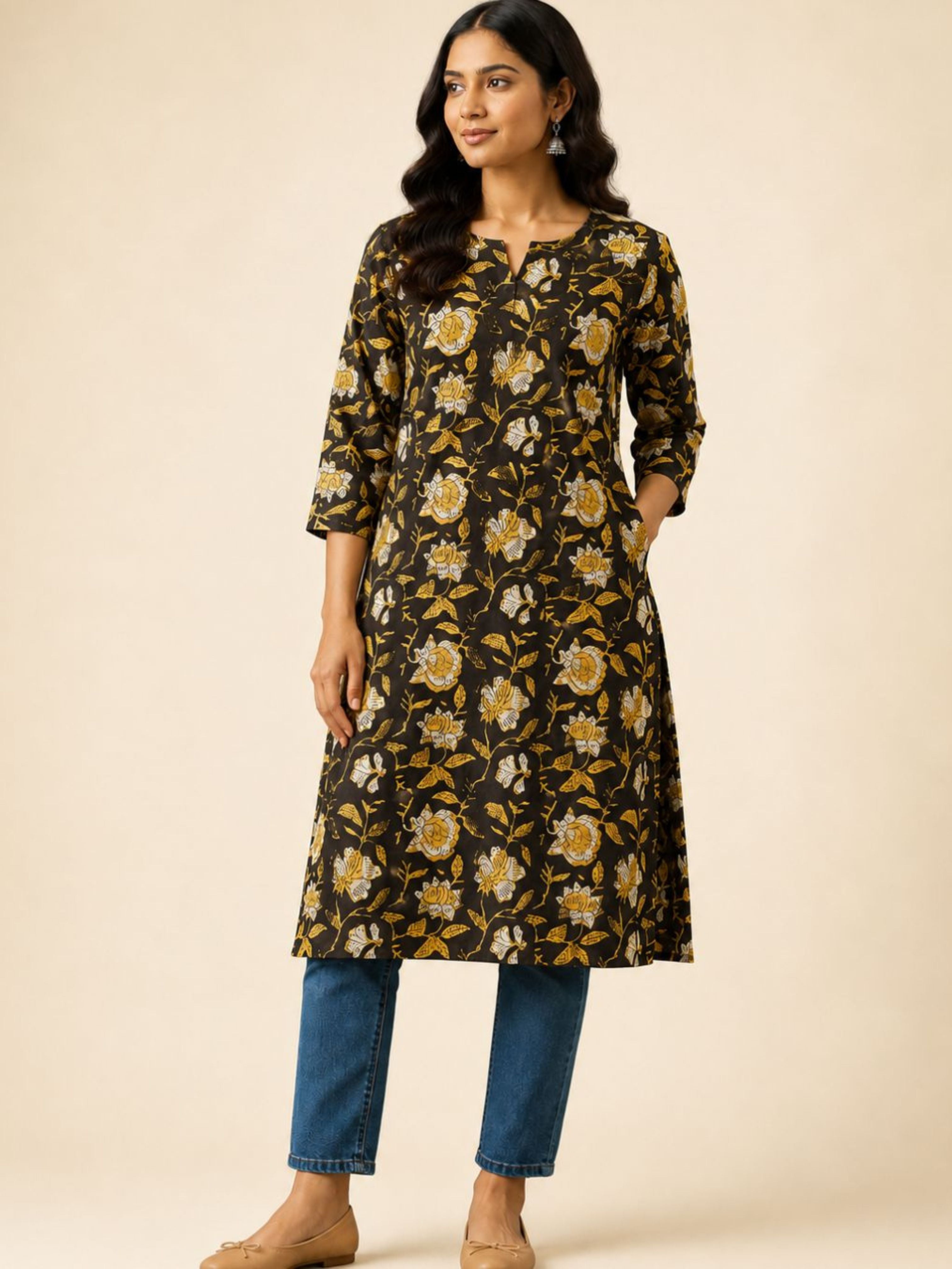 Black & Yellow Jahota Straight Cut Kurta