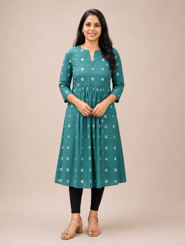 Green Bandhani Pleated A-Line Kurta
