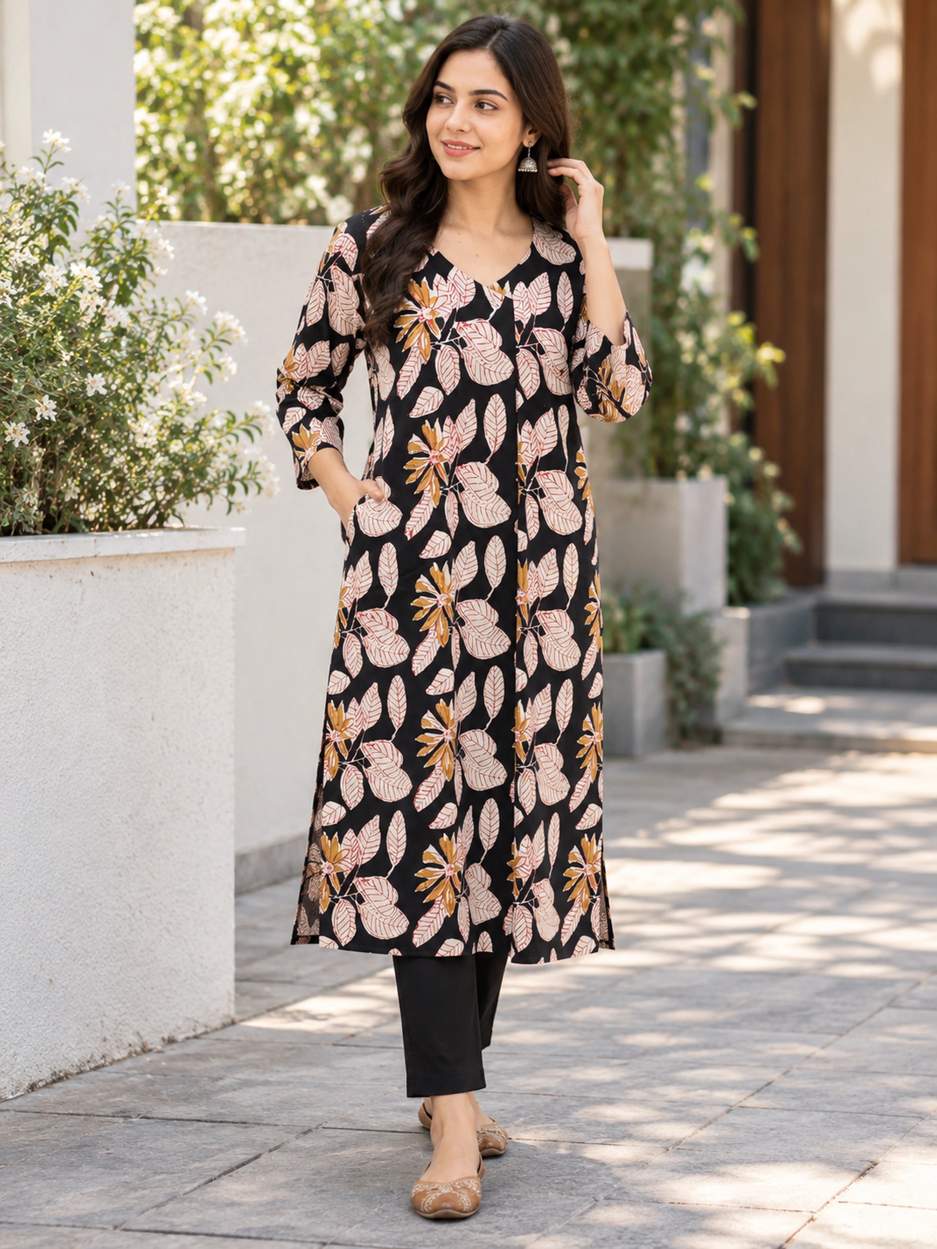Black Beige Tropical Leaf Sanganeri Handblock Printed Straight Cut Cotton Kurta