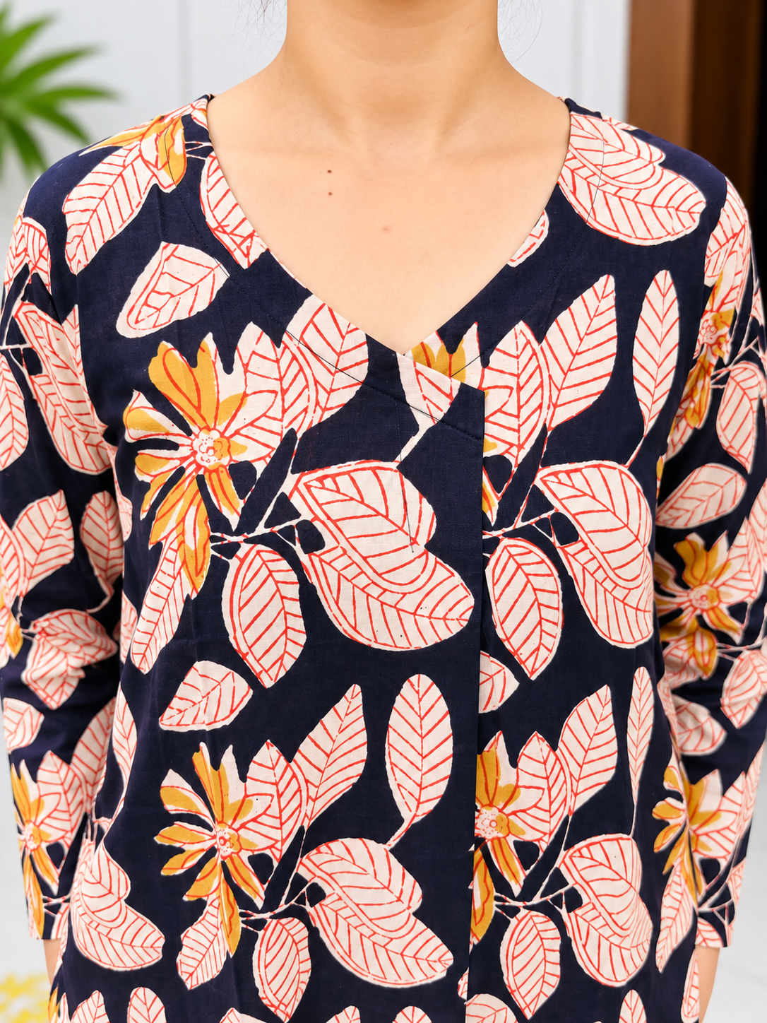 Black Beige Tropical Leaf Sanganeri Handblock Printed Straight Cut Cotton Kurta