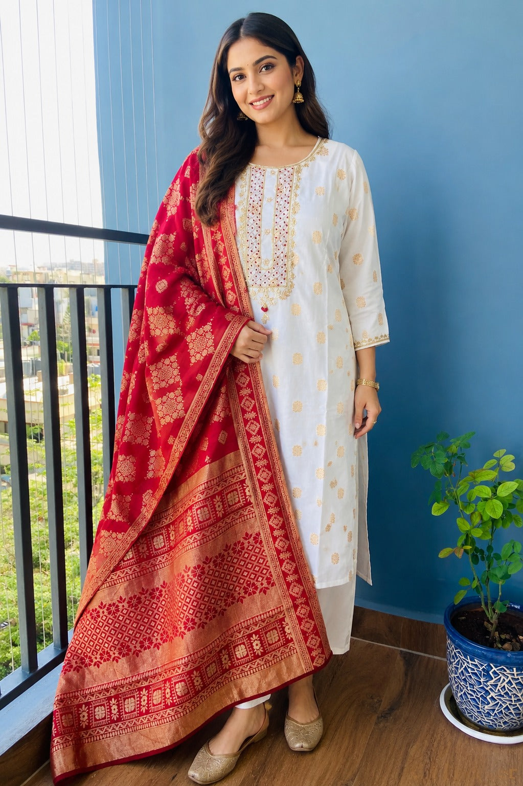 Cream and Rust Dola Silk Hand Zardosi Suit Set - 3 Piece