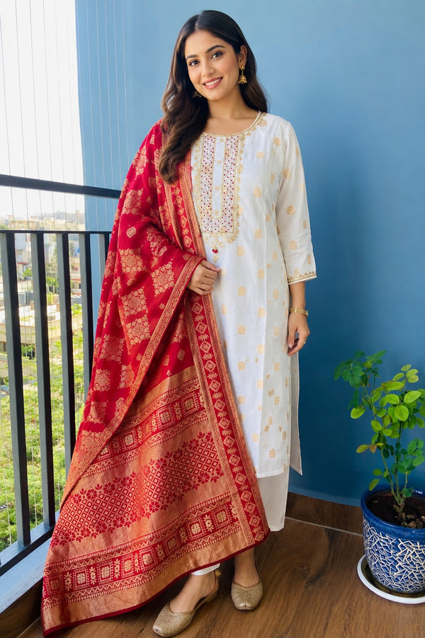 Cream and Rust Dola Silk Hand Zardosi Suit Set - 3 Piece
