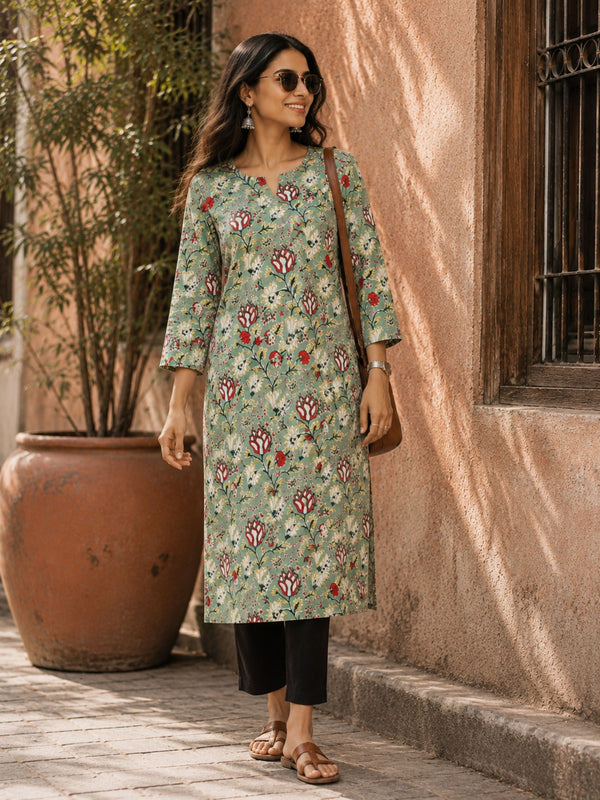 Green Floral Sanganeri Straight Cut Kurta