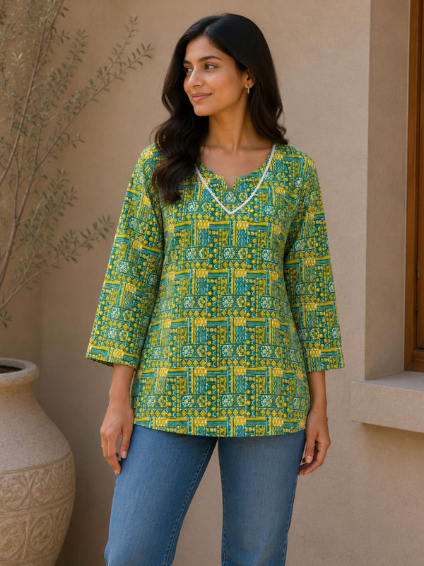 Yellow & Green Cotton Short Kurta