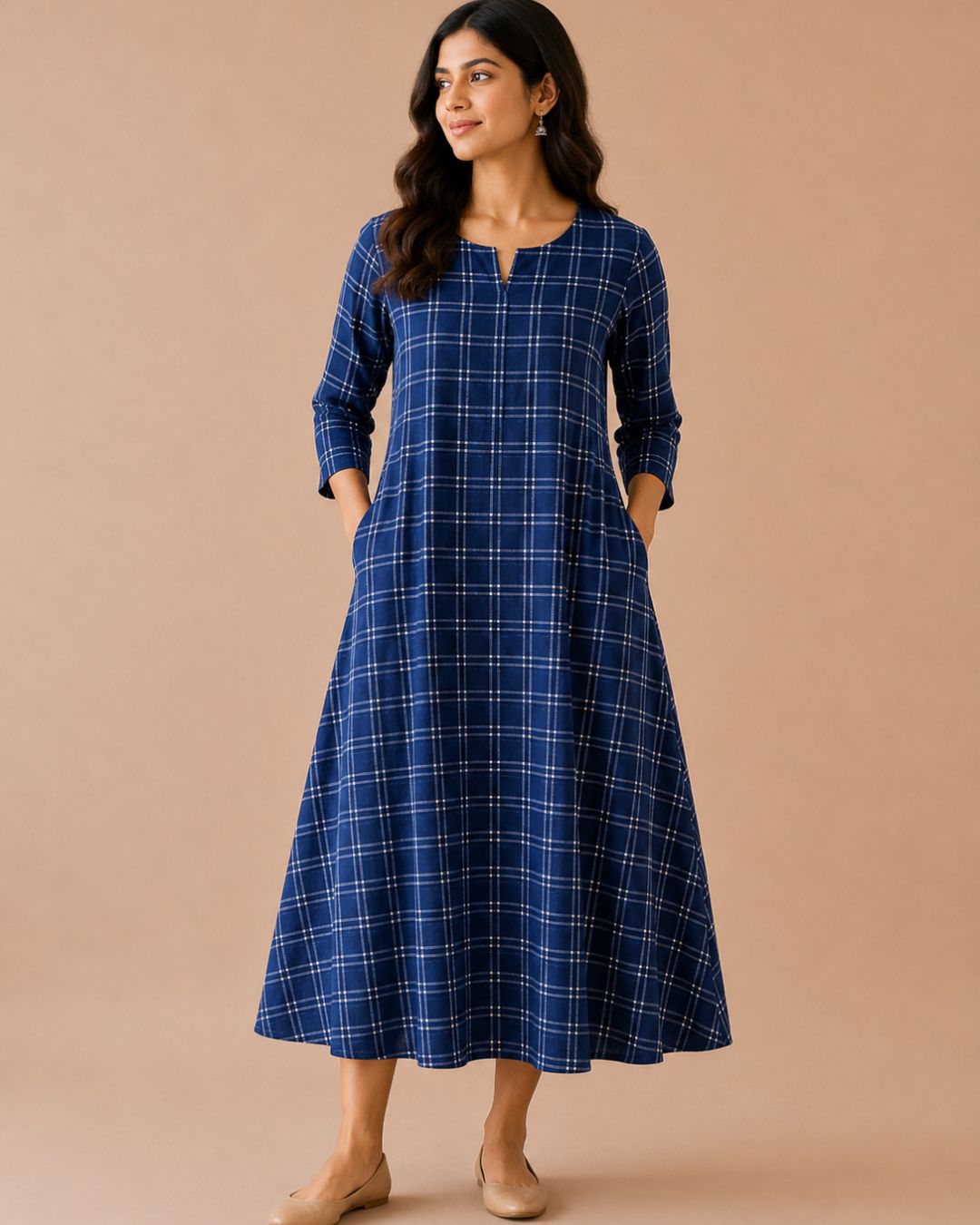 Indigo Check Block Printed Cotton A-Line Kurta