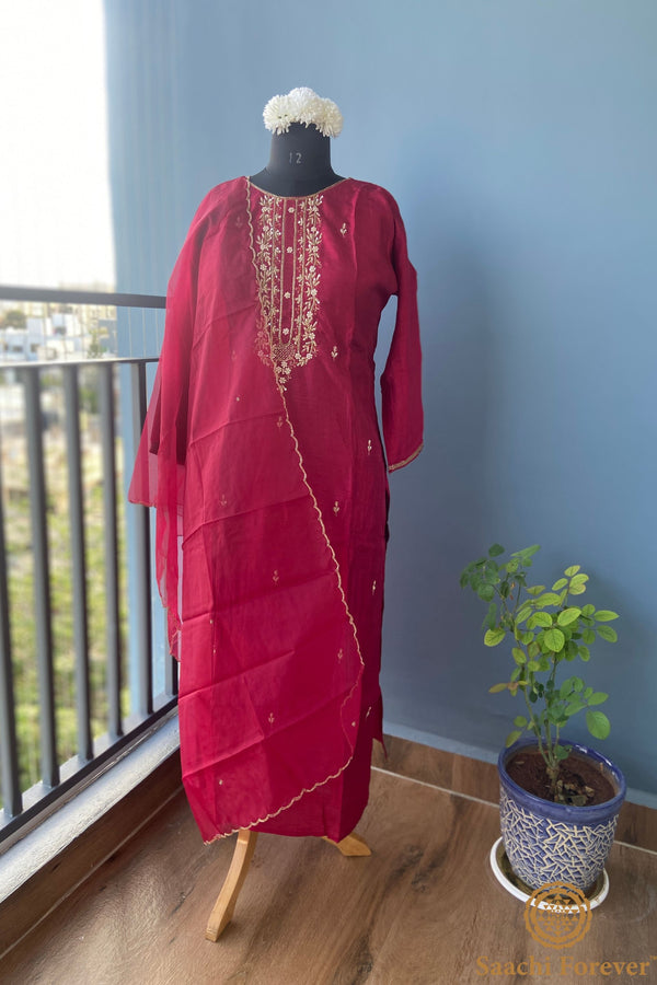 Maroon Dola Silk Hand Zardosi Suit Set - 3 Piece