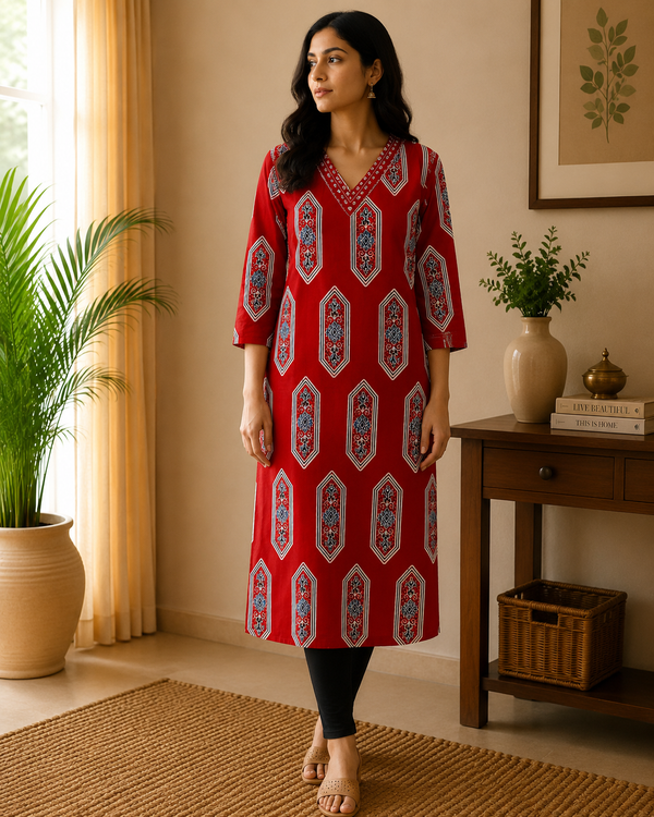 Maroon Embroidered Cotton Kurta