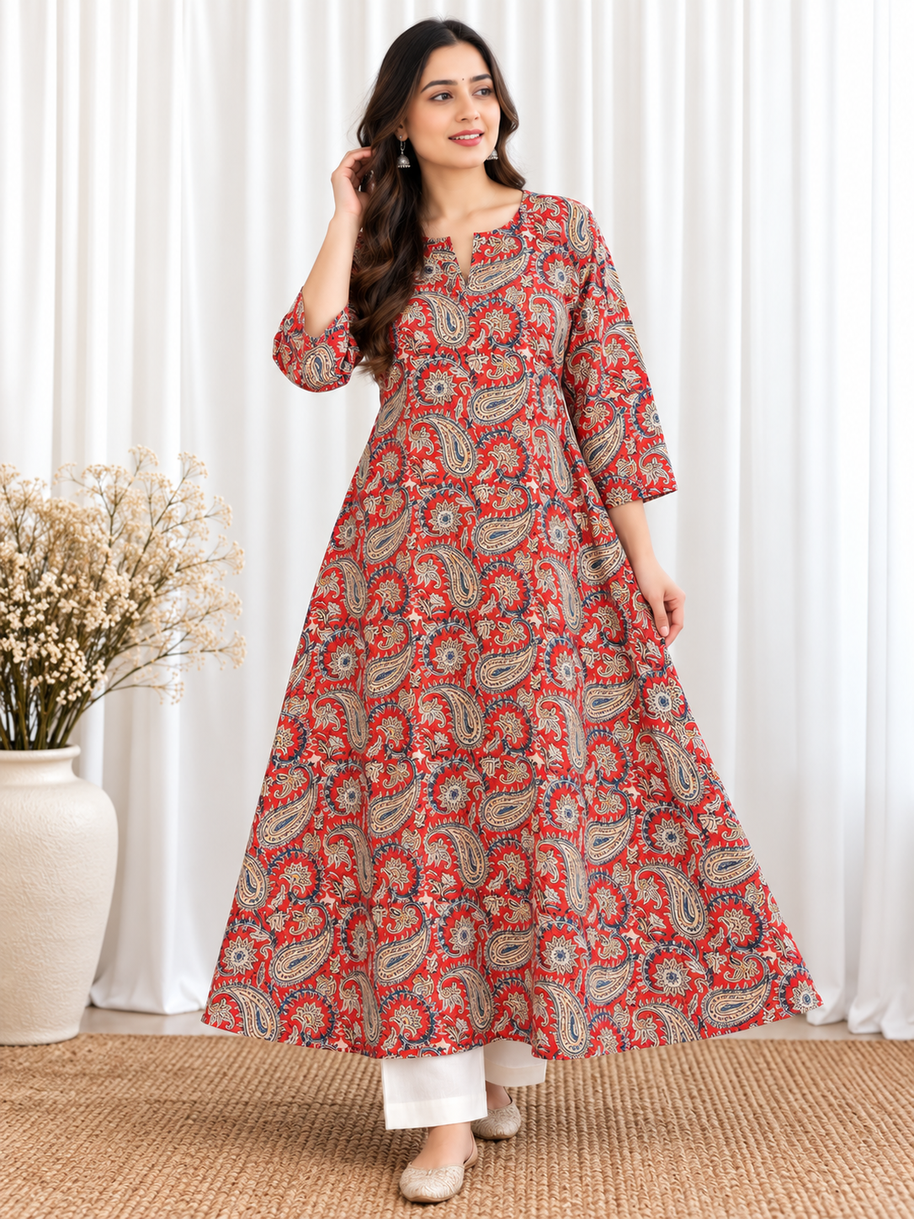 Ruby Red Paisley HandBlock Printed A-Line Cotton Kurta