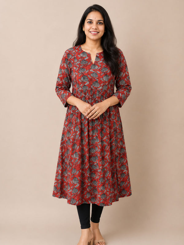 Red Bagru Block Printed Pleated A-Line Kurta