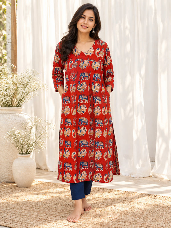Red Elephant Peacock Kalamkari Handblock Printed Straight Cut Cotton Kurta