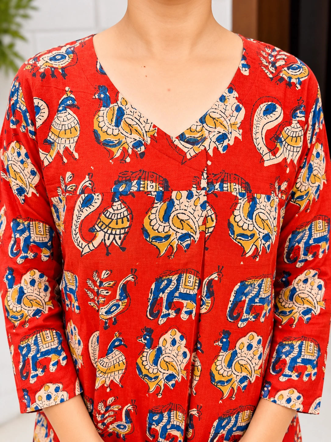 Red Elephant Peacock Kalamkari Handblock Printed Straight Cut Cotton Kurta