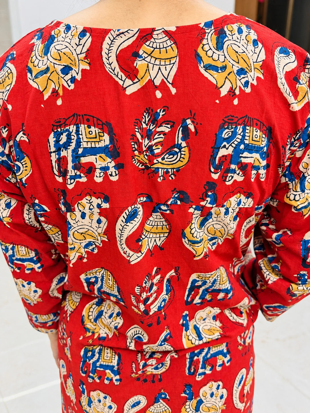 Red Elephant Peacock Kalamkari Handblock Printed Straight Cut Cotton Kurta
