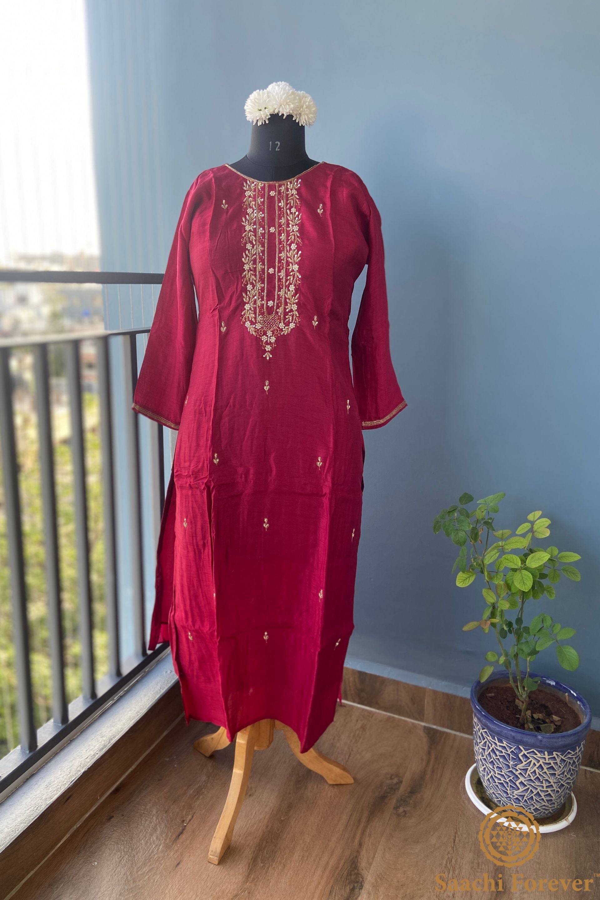Maroon Dola Silk Hand Zardosi Suit Set - 3 Piece