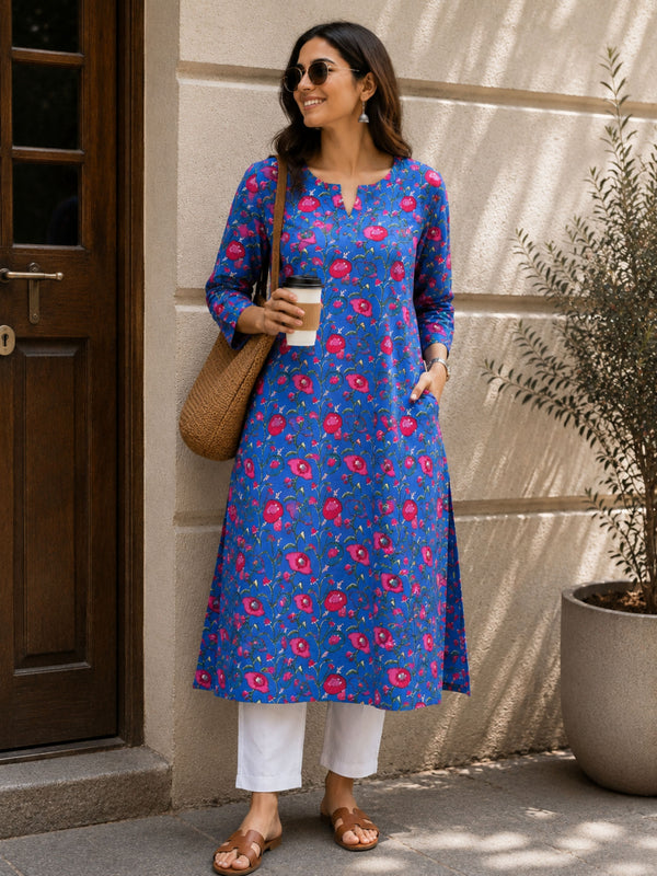 Purple Sanganeri Straight Cut Kurta