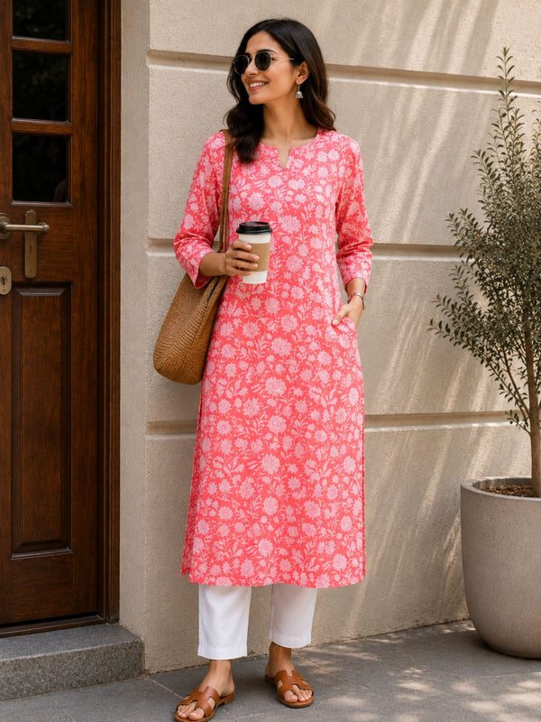 Orange Sanganeri Straight Cut Kurta