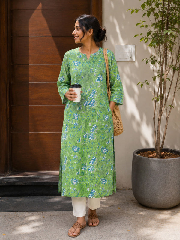 Green & Blue Sanganeri Straight Cut kurta