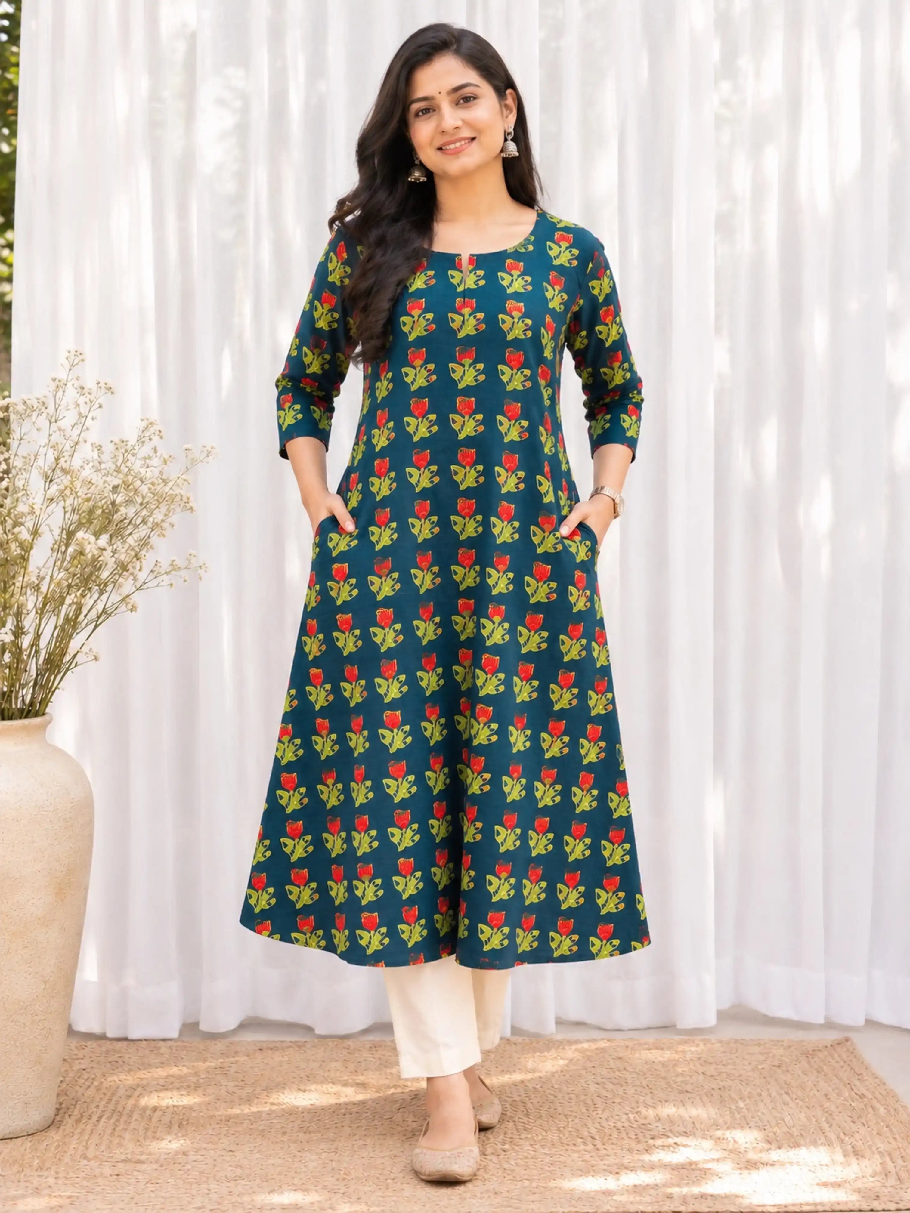 Teal Red Tulip Jahota Handblock Printed Cotton A-line Kurta