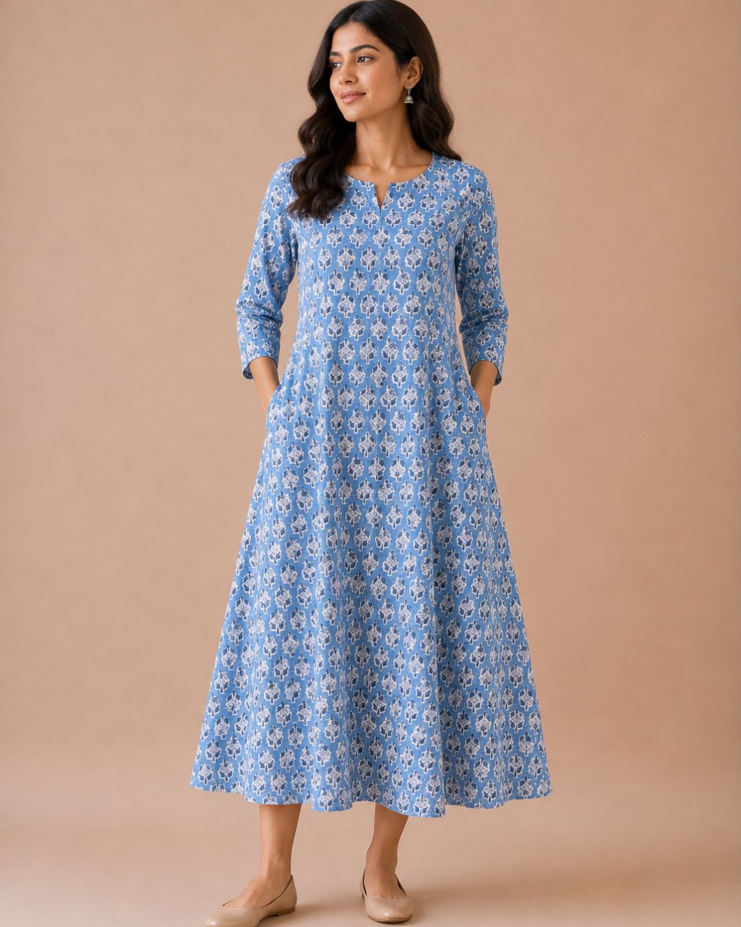 Blue Bagru Block Printed Cotton A-Line Kurta