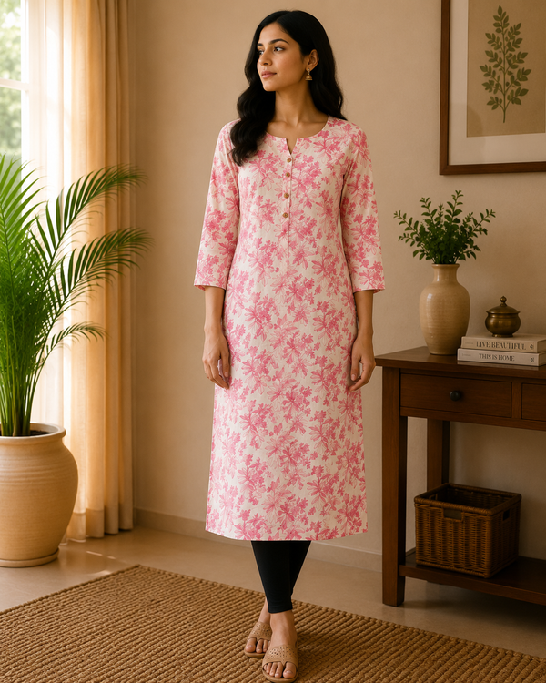 White & Pink Cotton Kurta