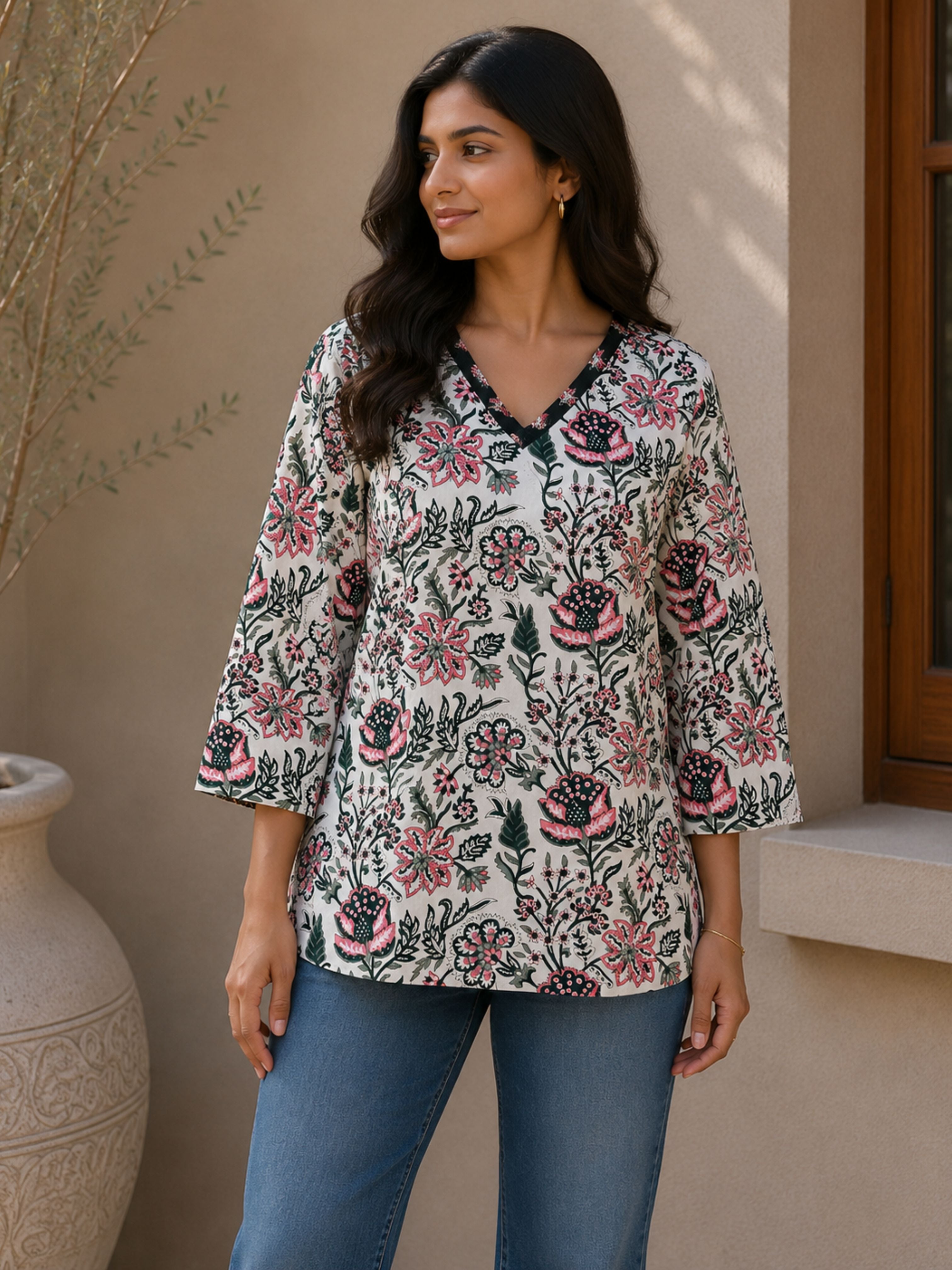 White Floral Cotton Short Kurta