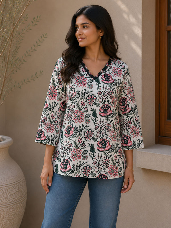 White Floral Cotton Short Kurta