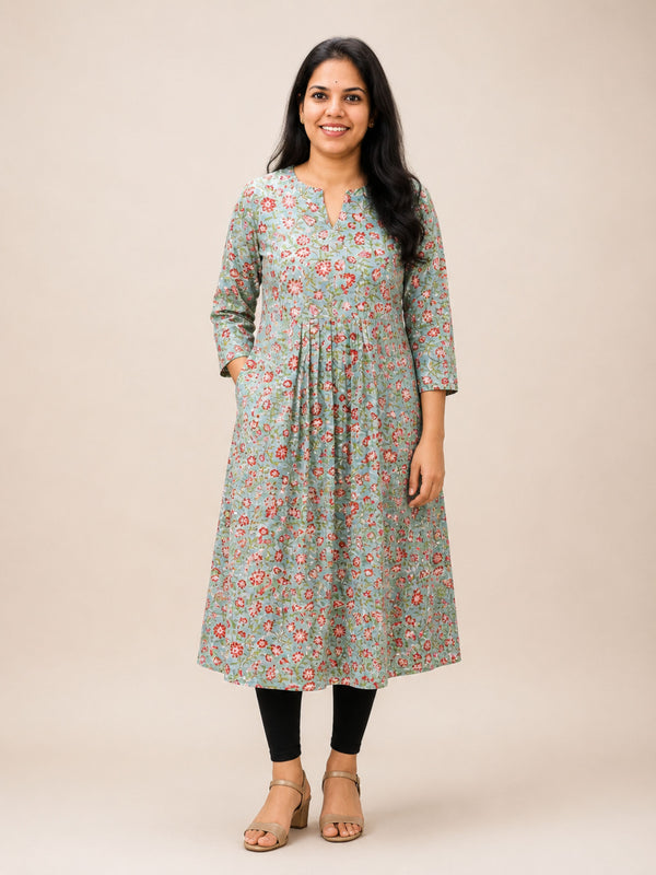 Light Teal Bagru Block Printed Pleated A-Line Kurta