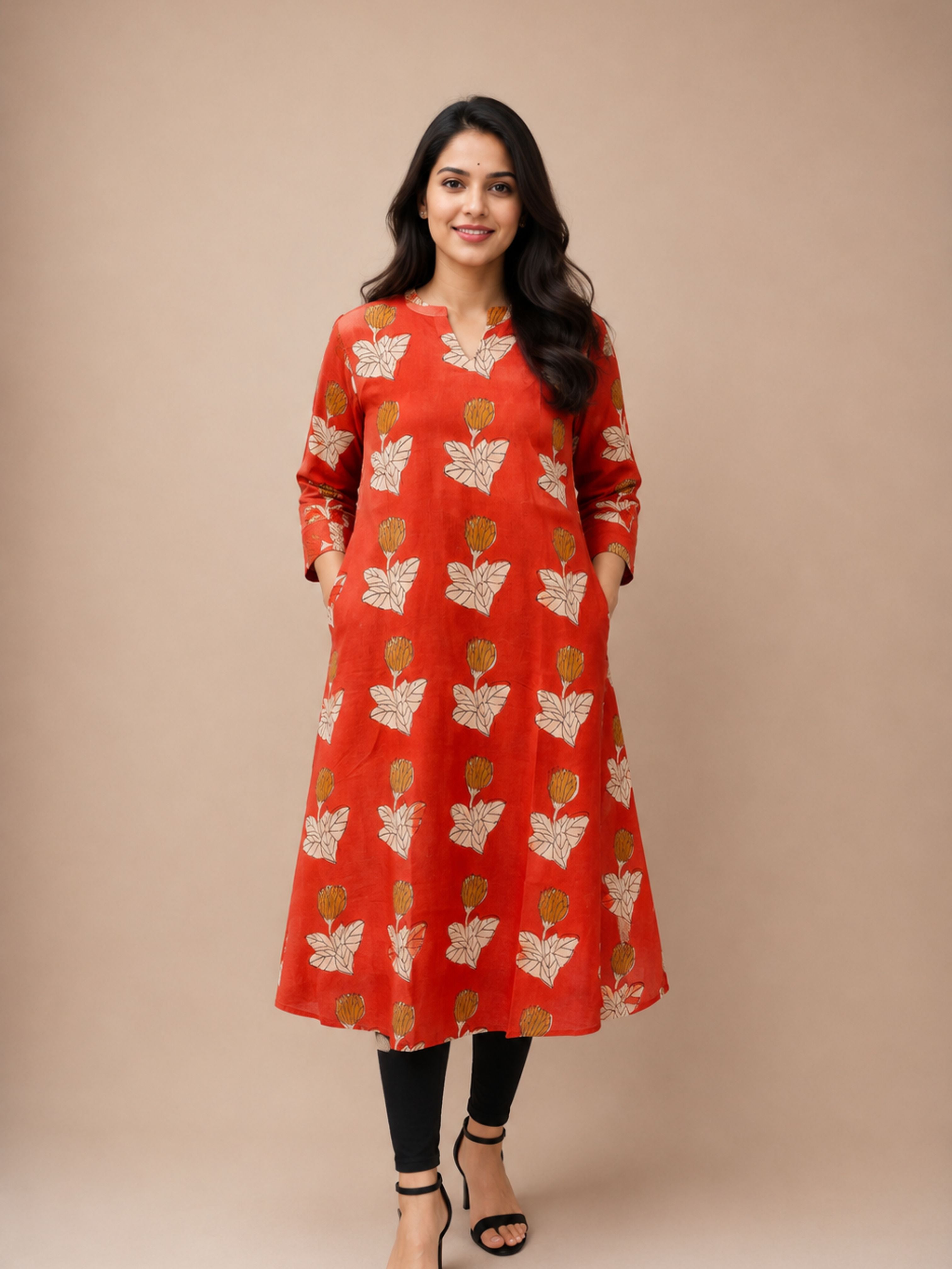 Rusted Orange Bagru Block Printed A-Line Kurta