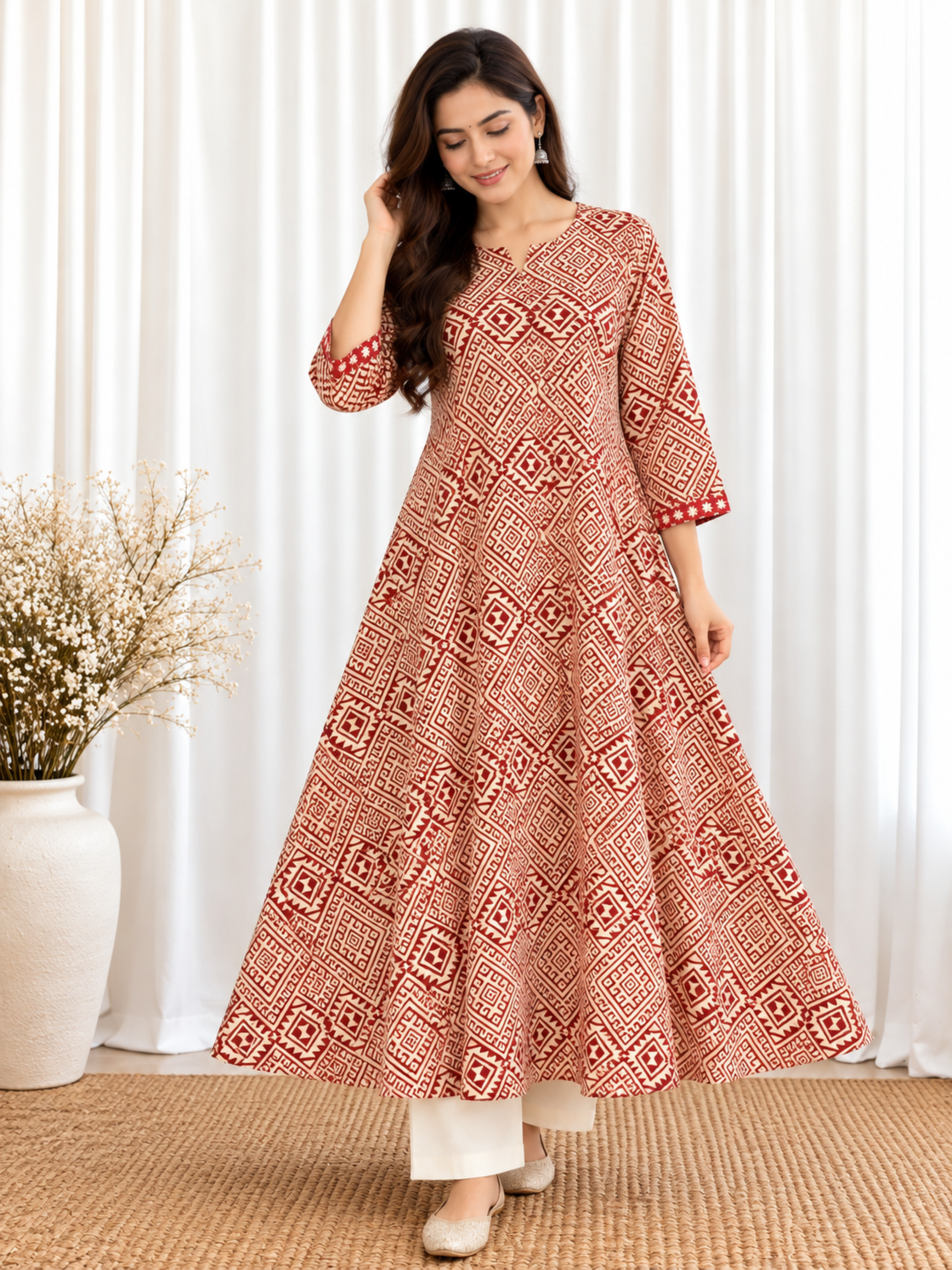 Red Geometric Jaal HandBlock Printed A-Line Cotton Kurta