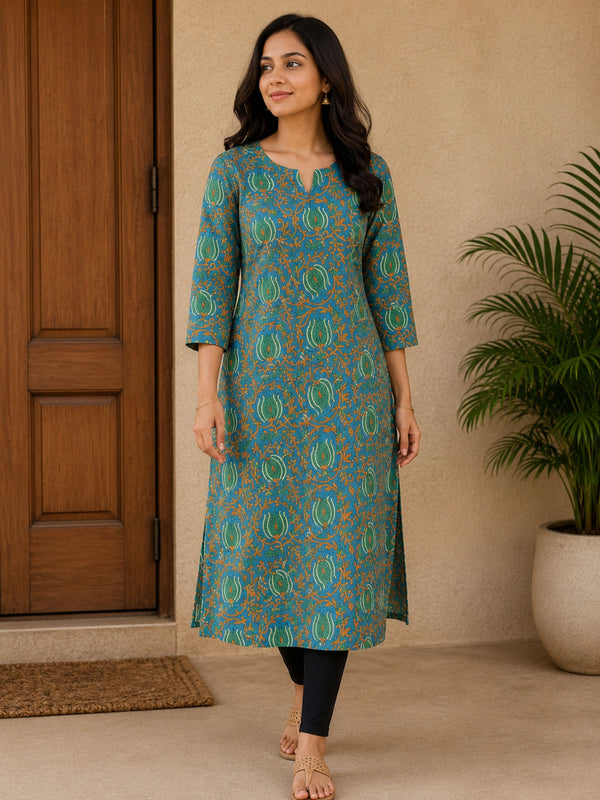Tourquise Bagru Straight Cut Kurta