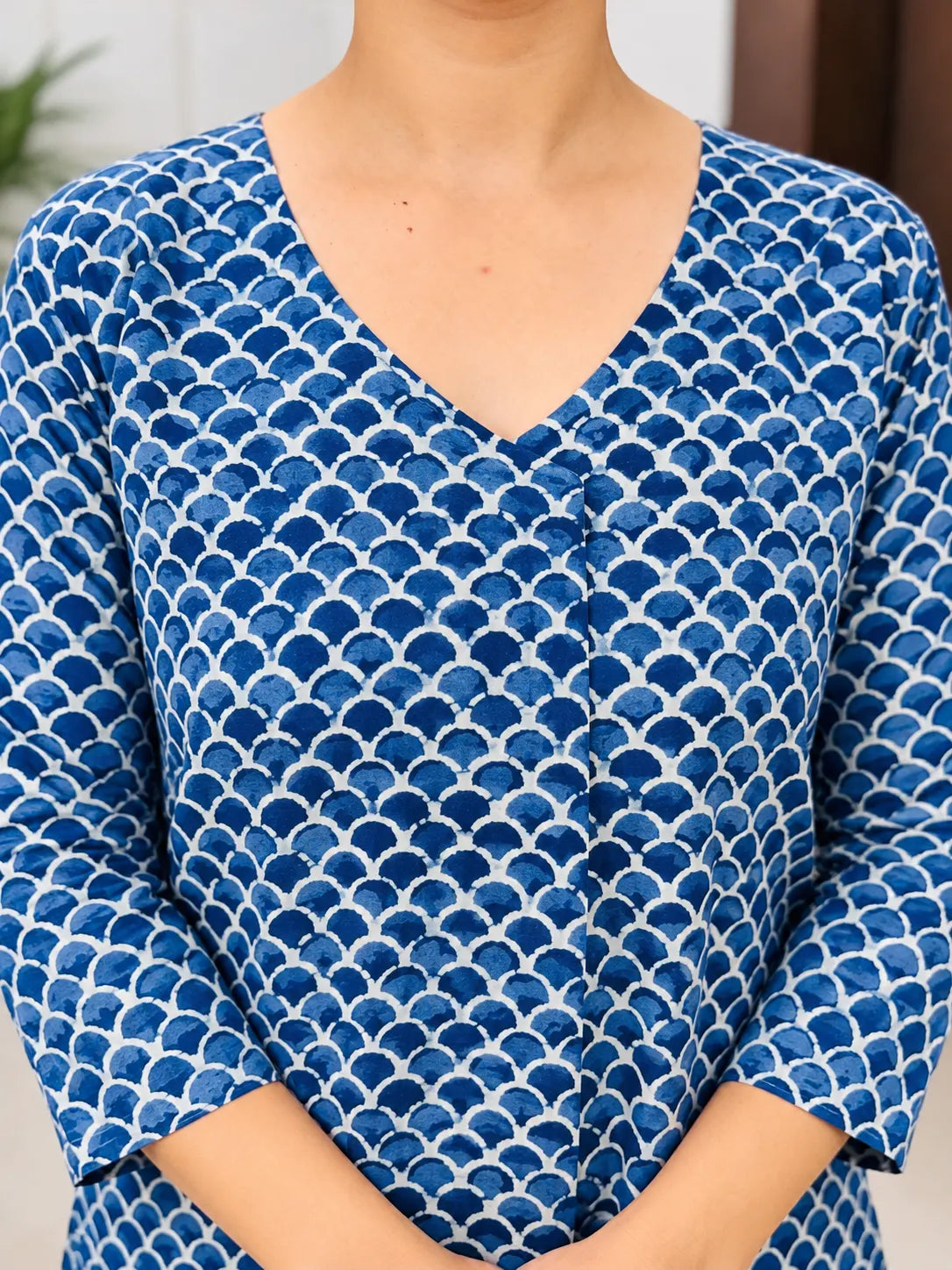 Indigo Blue Scallop Jaal Handblock Printed Straight Cut Cotton Kurta