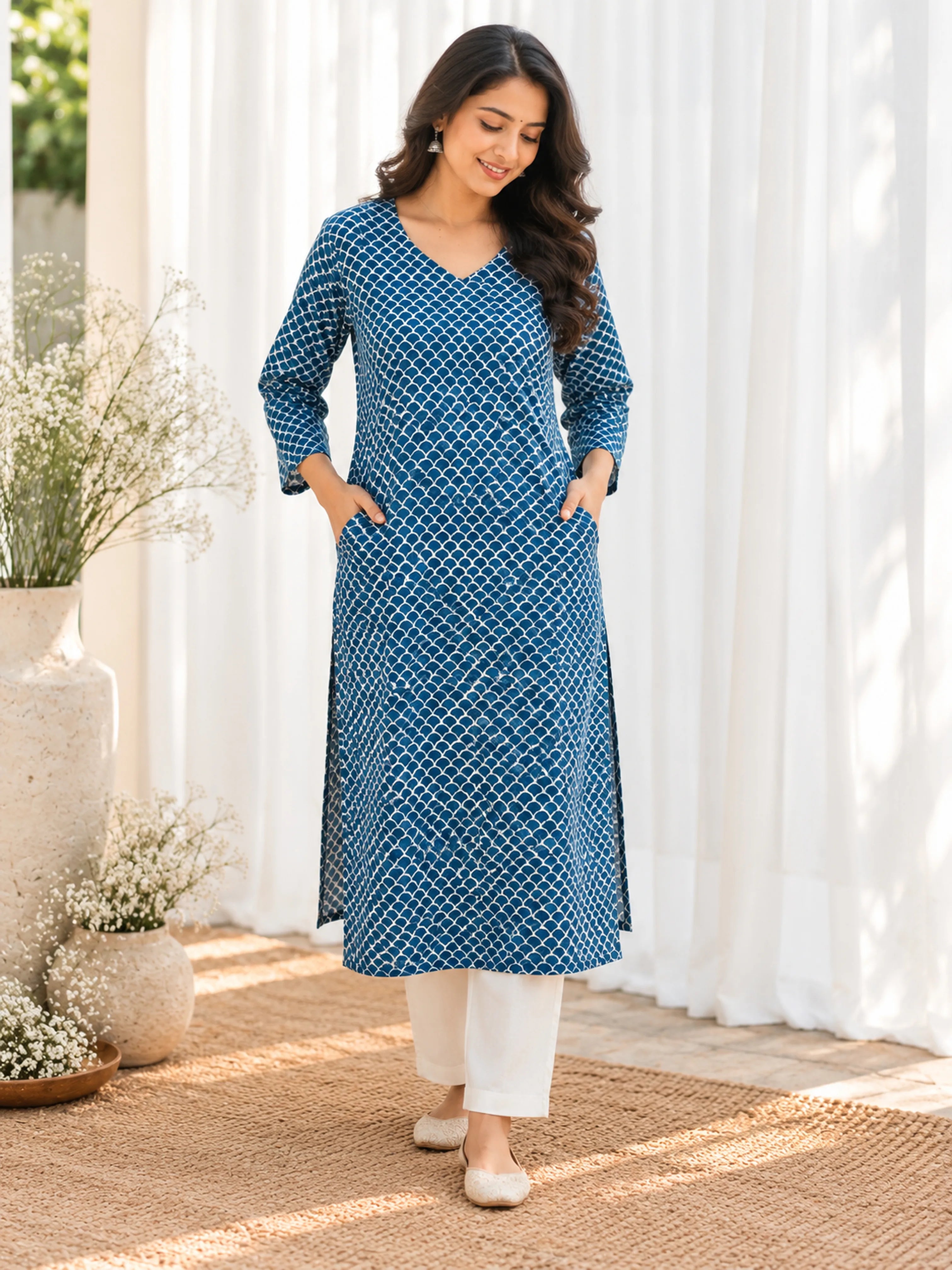 Indigo Blue Scallop Jaal Handblock Printed Straight Cut Cotton Kurta