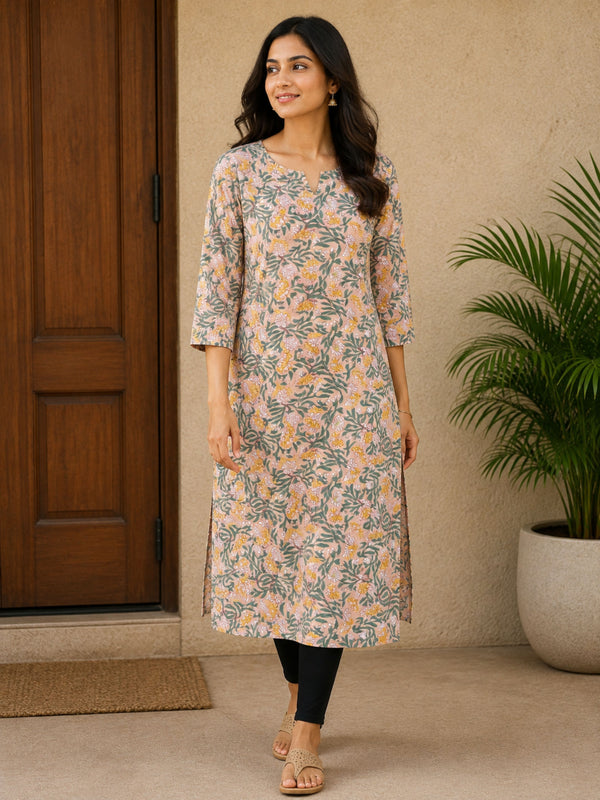 Floral Bagru Straight Cut Kurta