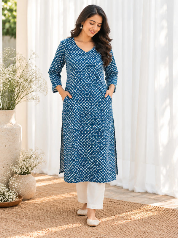 Indigo Blue Scallop Jaal Handblock Printed Straight Cut Cotton Kurta