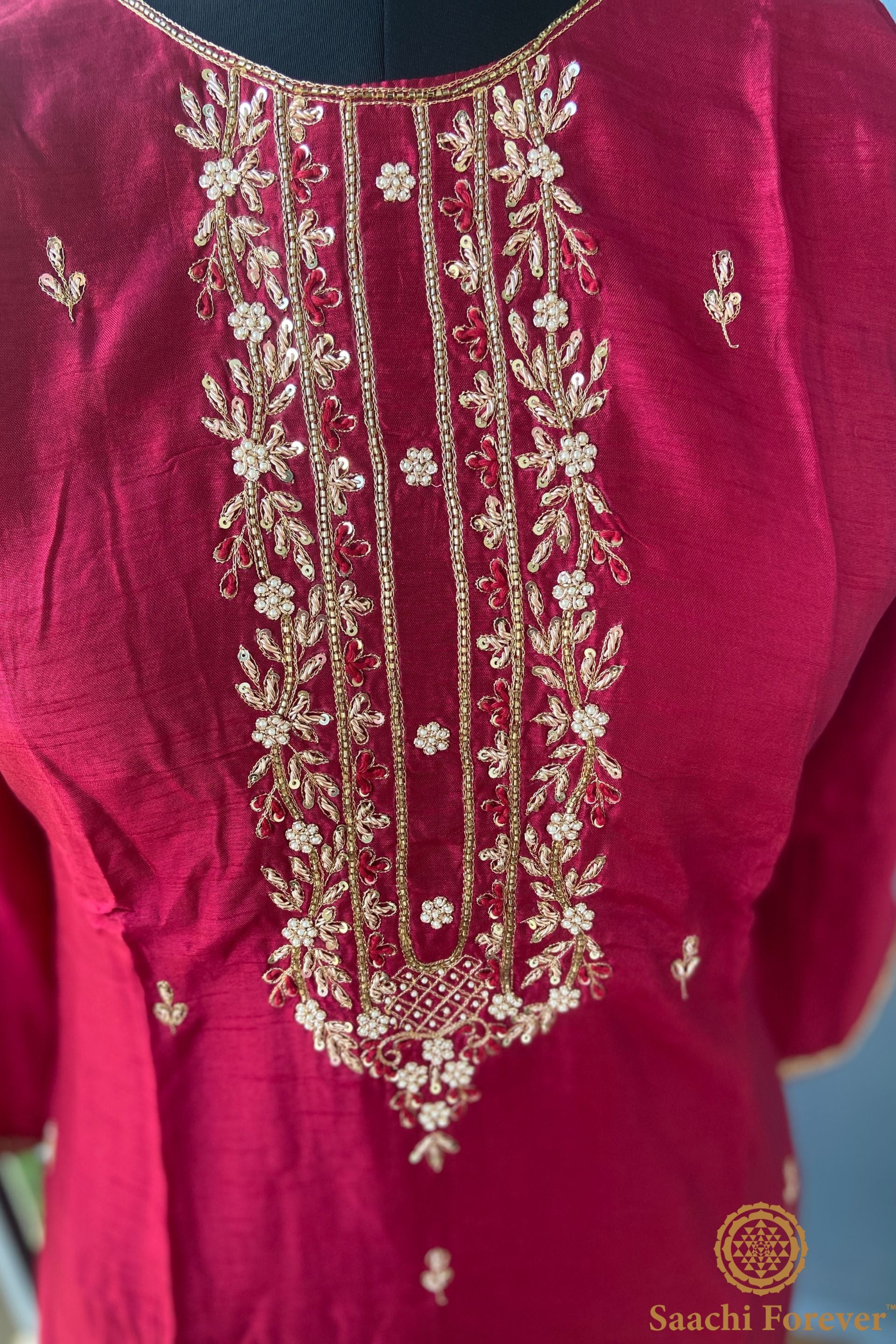 Maroon Dola Silk Hand Zardosi Suit Set - 3 Piece