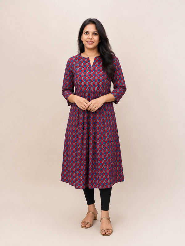 Maroon & Blue Bagru Block Printed Pleated A-Line Kurta