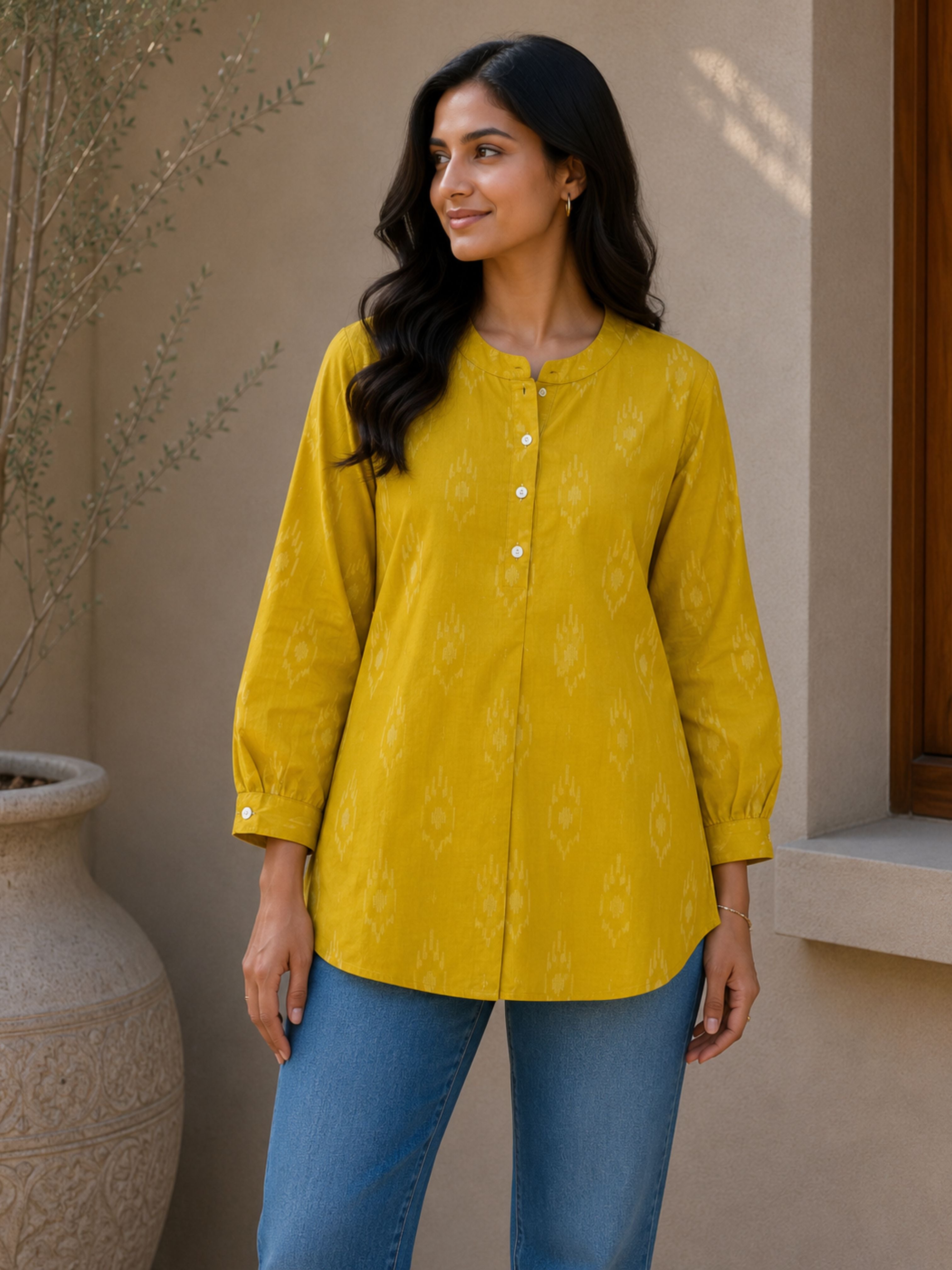 Yellow Brocade Cotton Short Kurta