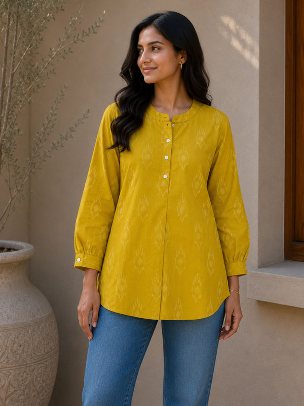 Yellow Brocade Cotton Short Kurta