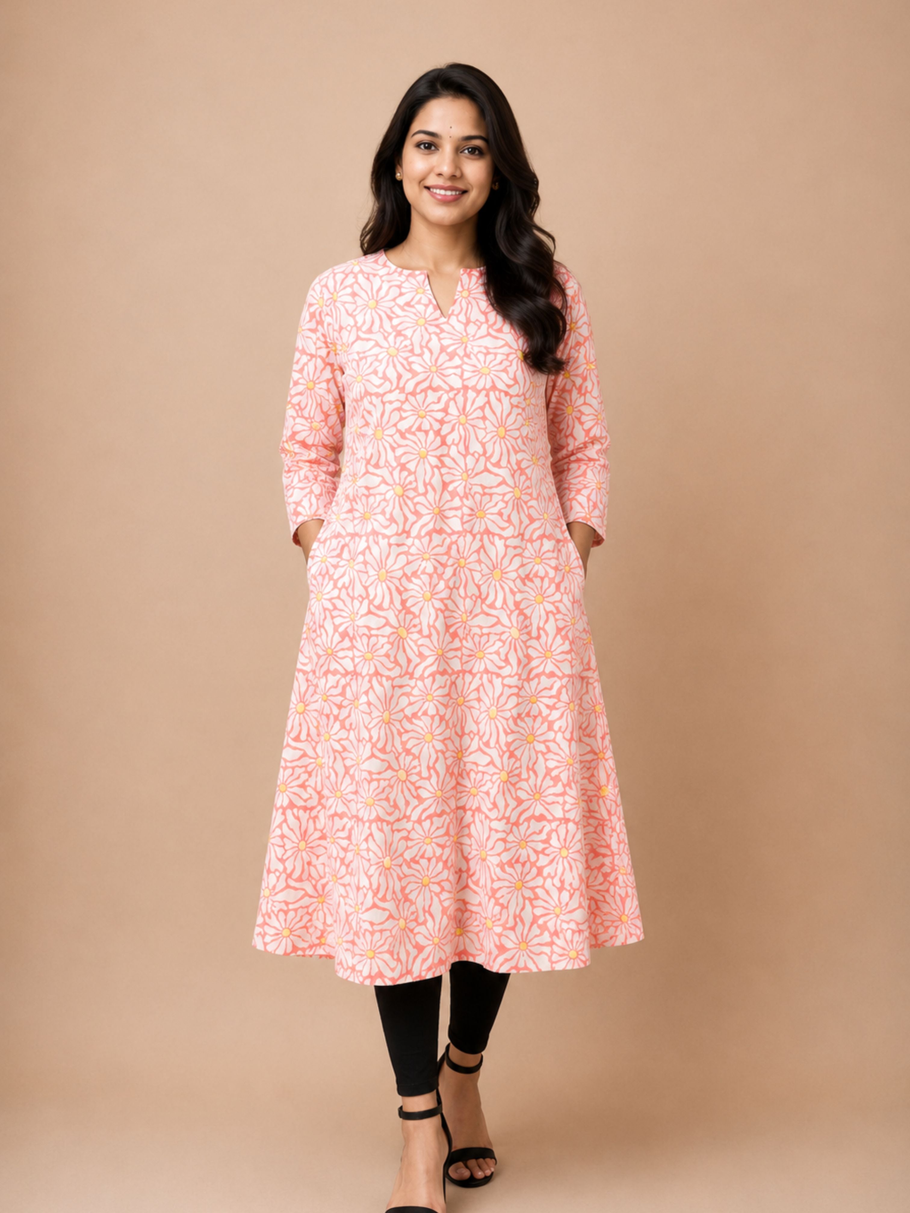Peach Bagru Block Printed A-Line Kurta