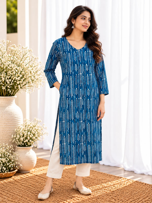 Indigo Blue Leaf Stripe Handblock Printed Straight Cut Cotton Kurta