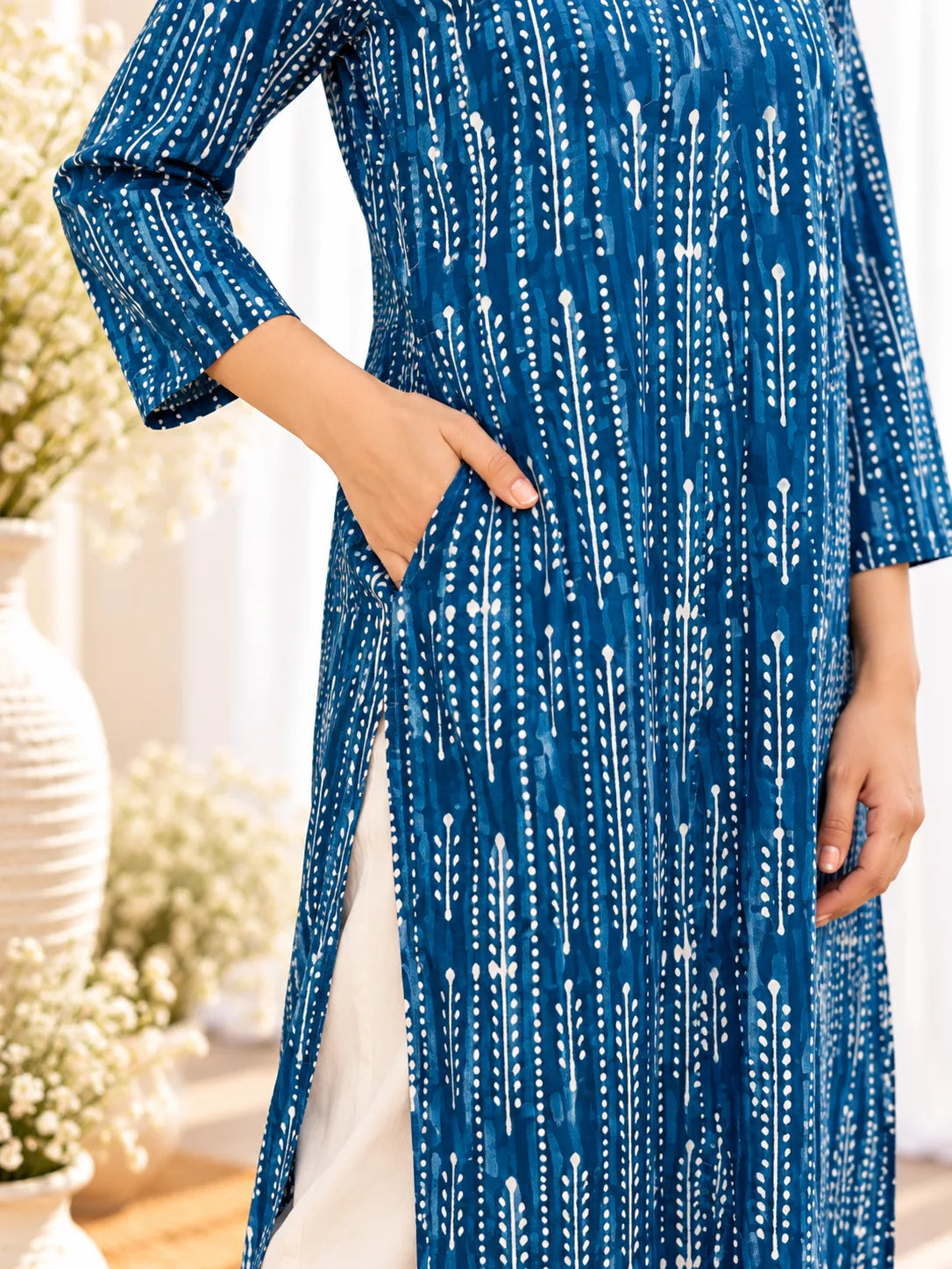 Indigo Blue Leaf Stripe Handblock Printed Straight Cut Cotton Kurta