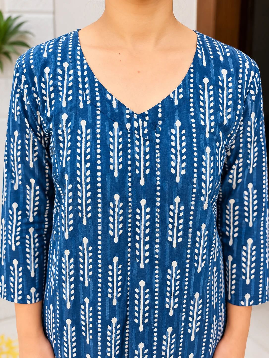 Indigo Blue Leaf Stripe Handblock Printed Straight Cut Cotton Kurta