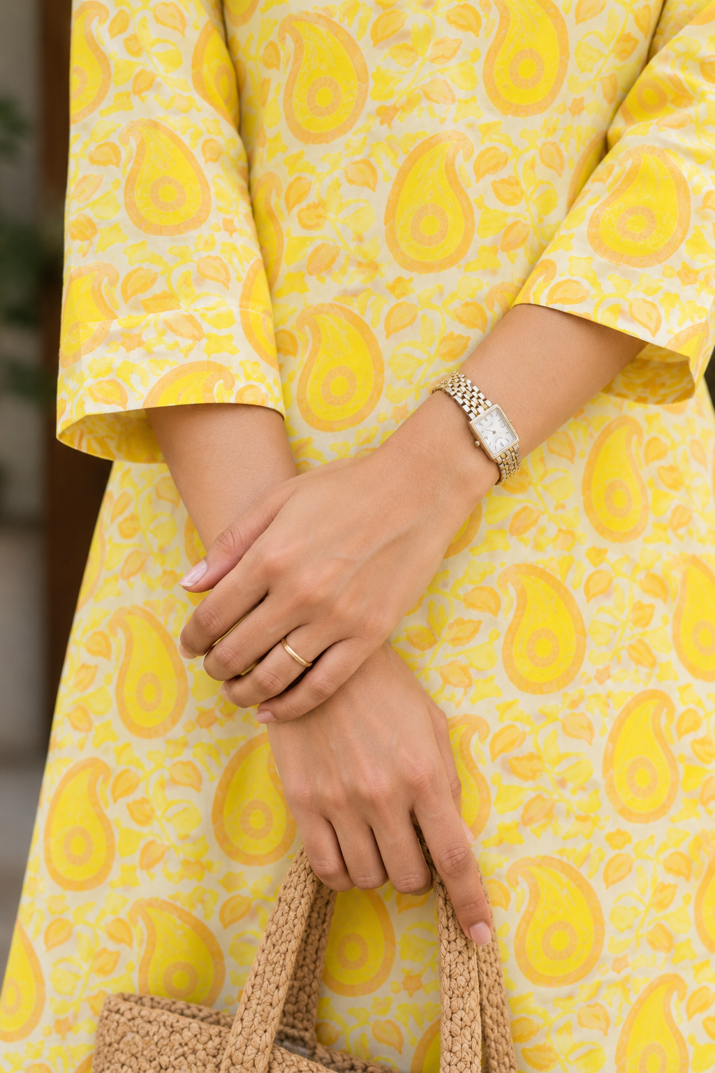 Lemon Yellow Paisley HandBlock Printed A-Line Cotton Kurta With Lining