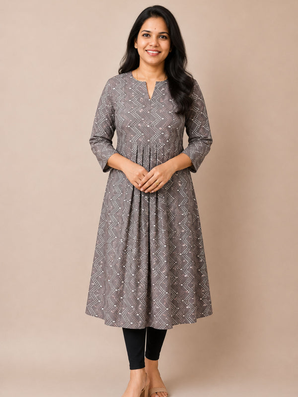 Grey Dabu Pleated A-Line Kurta
