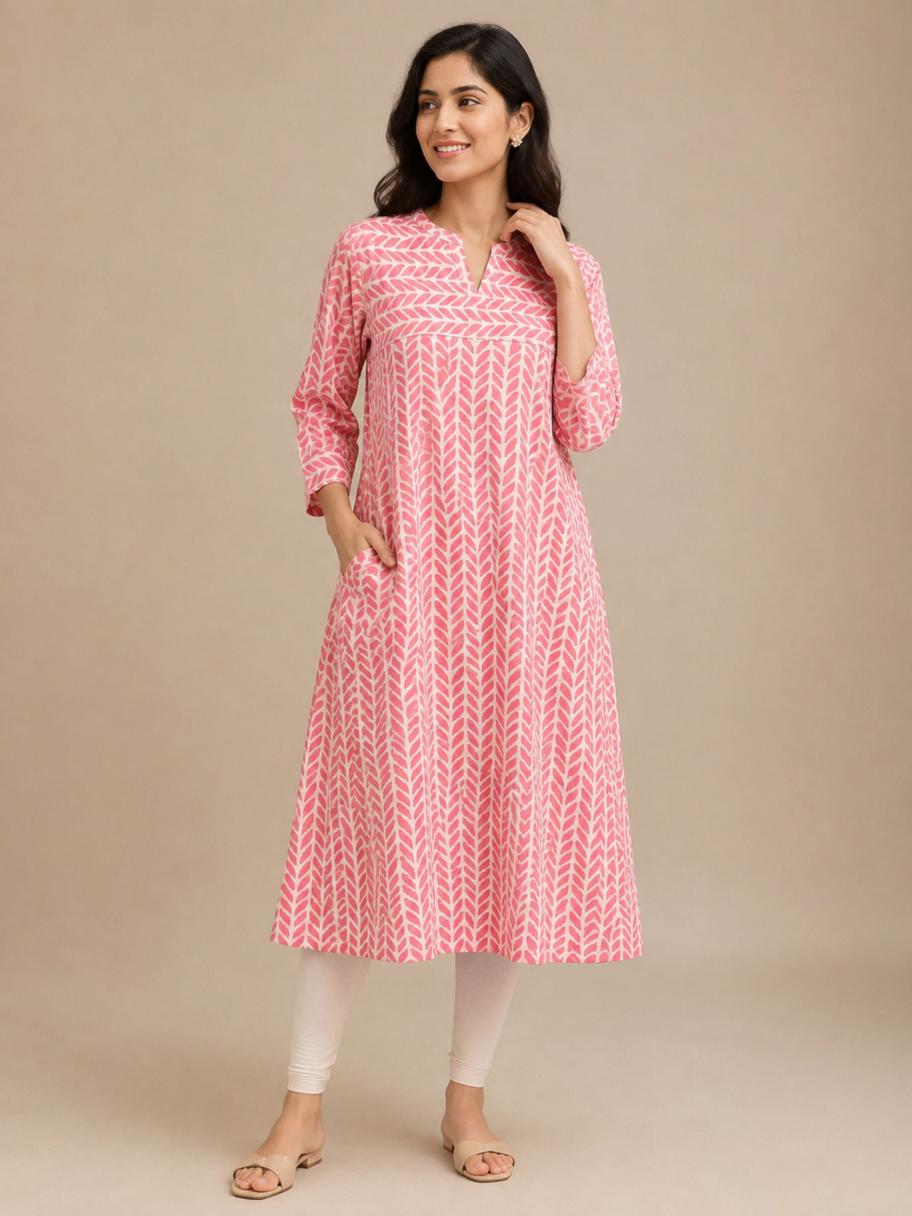 Pastel Peach Bagru Block Printed A-Line Kurta