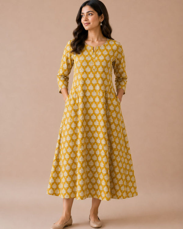 Yellow Bagru Block Printed A-Line Kurta