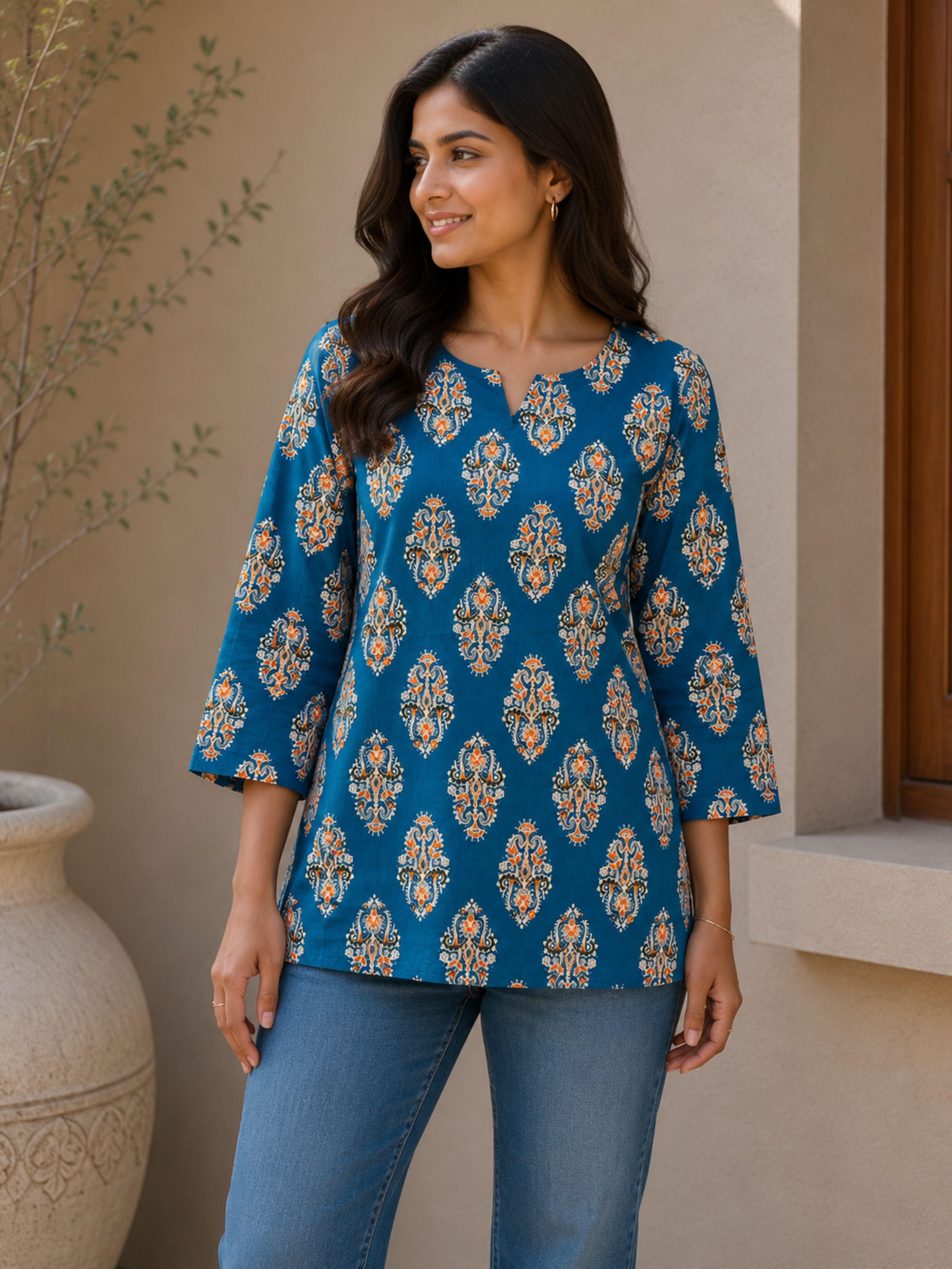 Blue Cotton Short Kurta